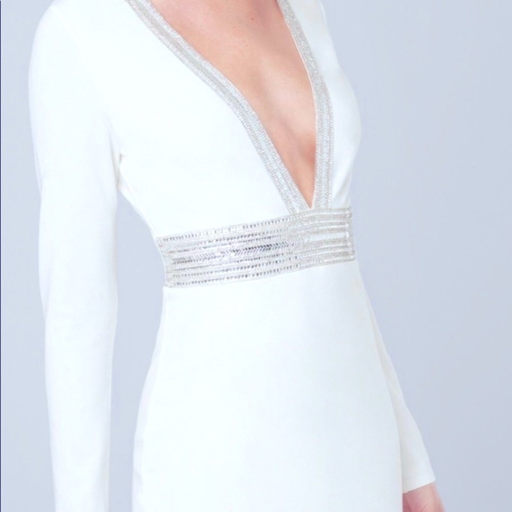 White dress with silver embellished V Neck